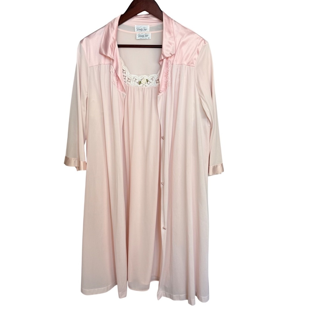 Vintage Vanity Fair Pink Peignoir Set Robe Nightgown‎ Lace Nylon USA M